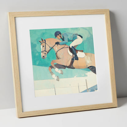 Aquamarine Flight show jumping horse art print in natural frame