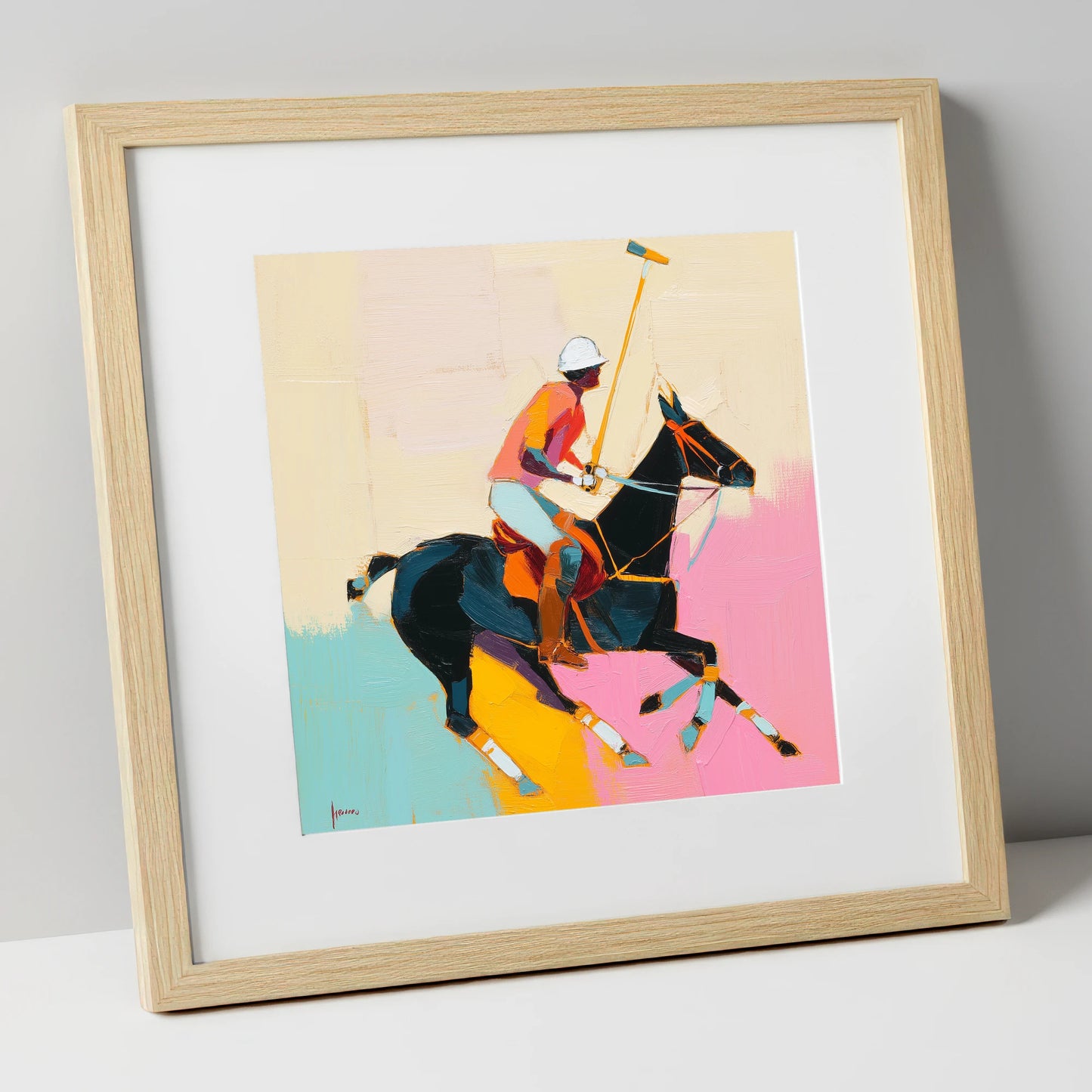 The Vibrant Chukka polo horse art print in natural frame