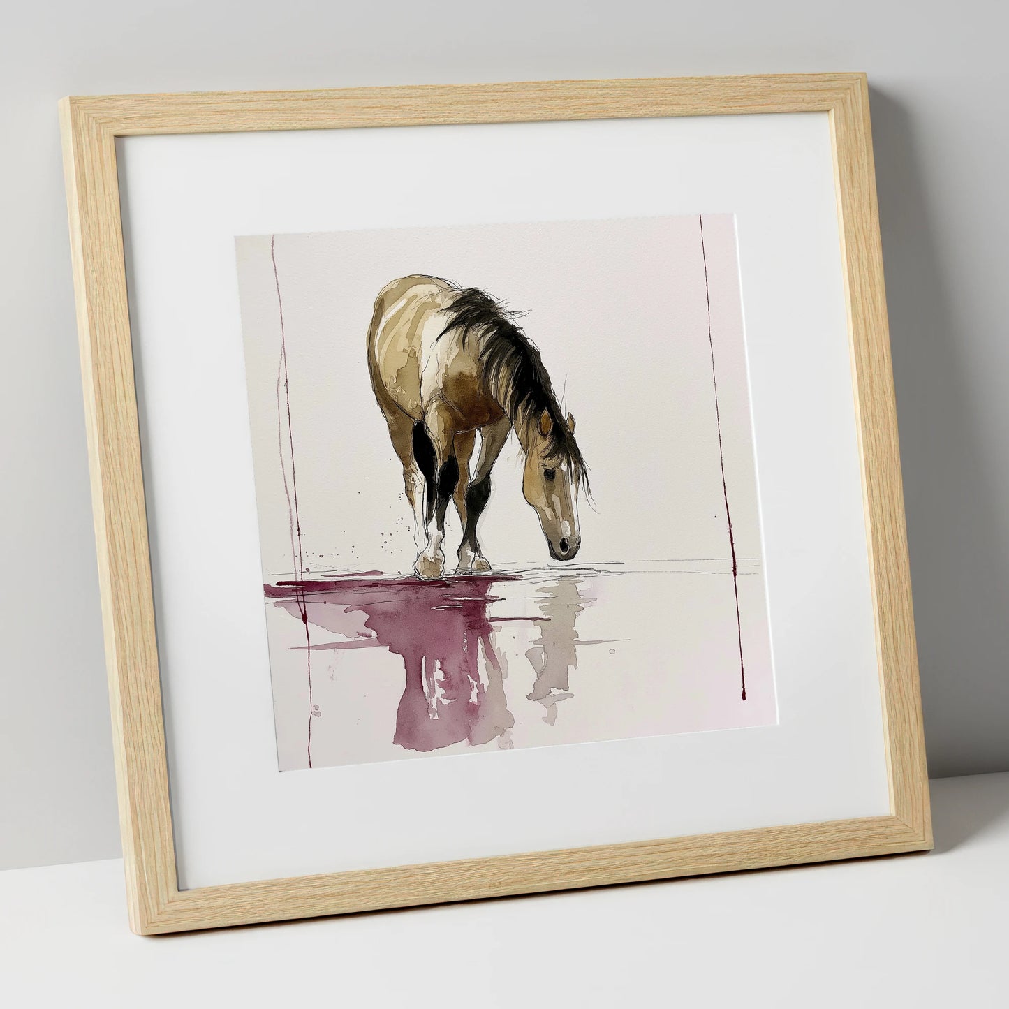 Quiet Reflection horse portrait art print in natural frame