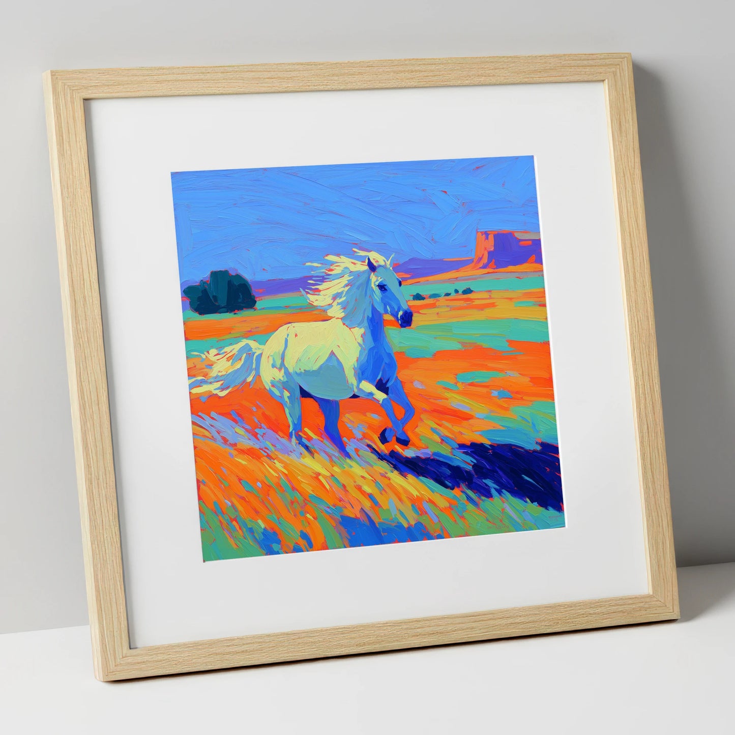 Vibrant Desert Canter wild horses art print in natural frame