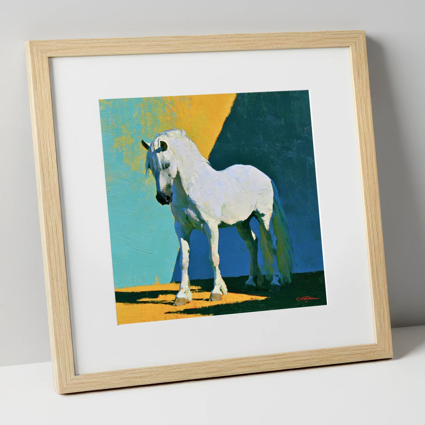Grey Horse in Vivid Sunlight horse breed art print in natural frame