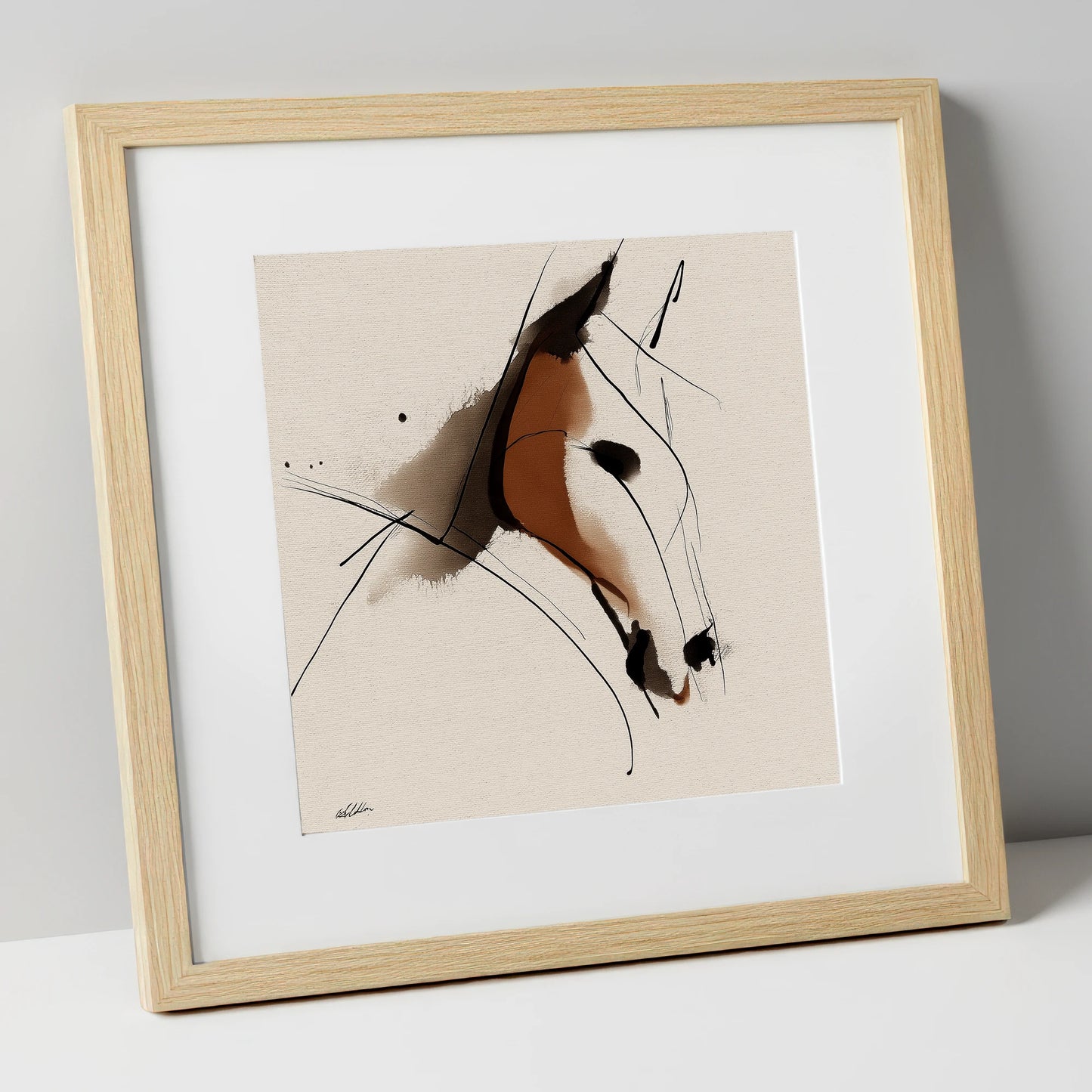 Abstract Sienna Profile horse portrait art print in natural frame