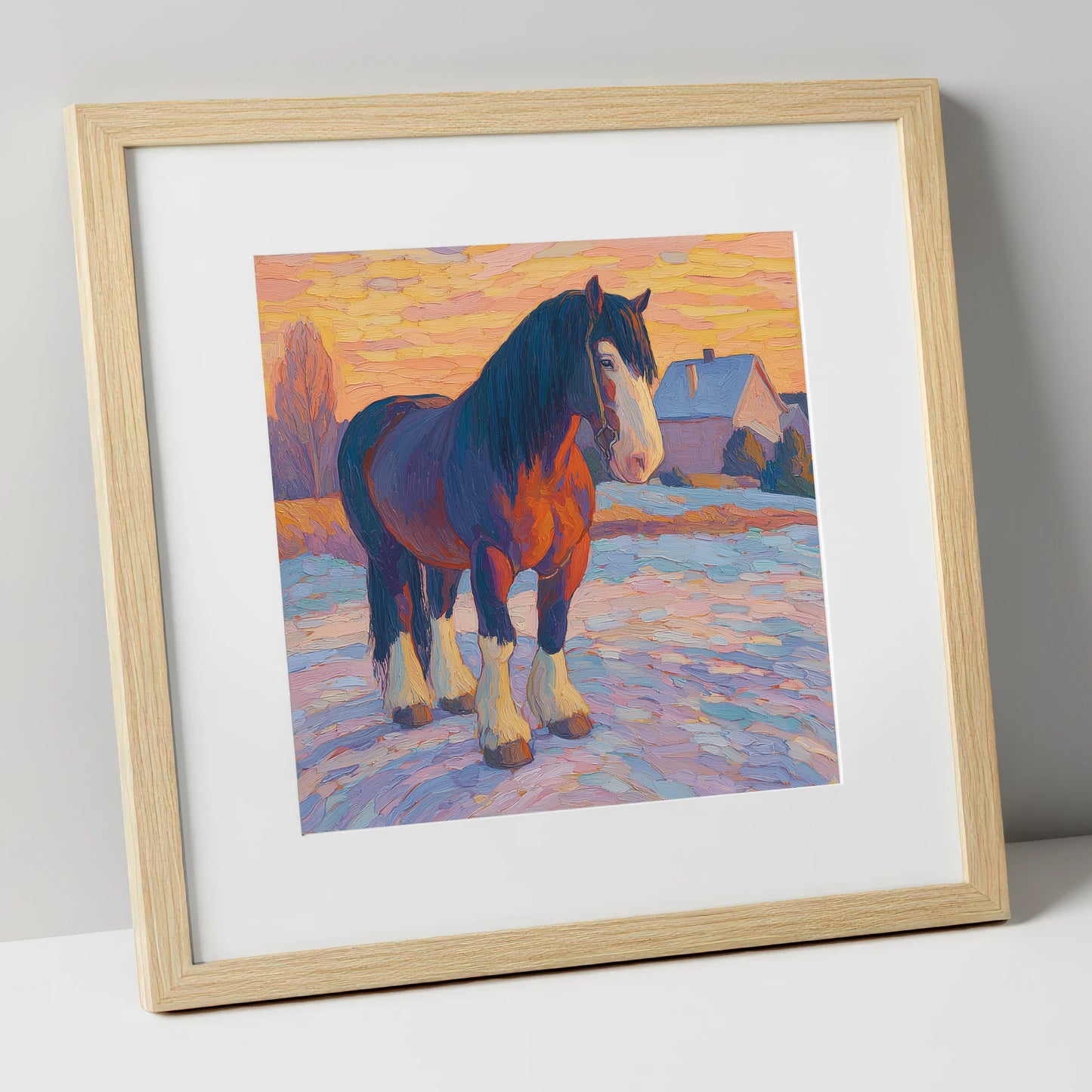 Majestic Winter Shire horse breed art print in natural frame