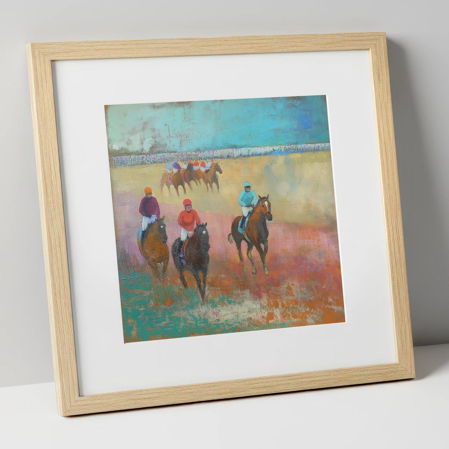 Silks Across the Furlong racing horse art print in natural frame
