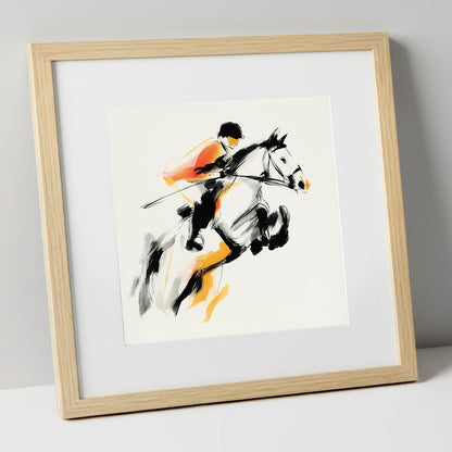 Suspended Momentum show jumping horse art print in natural frame