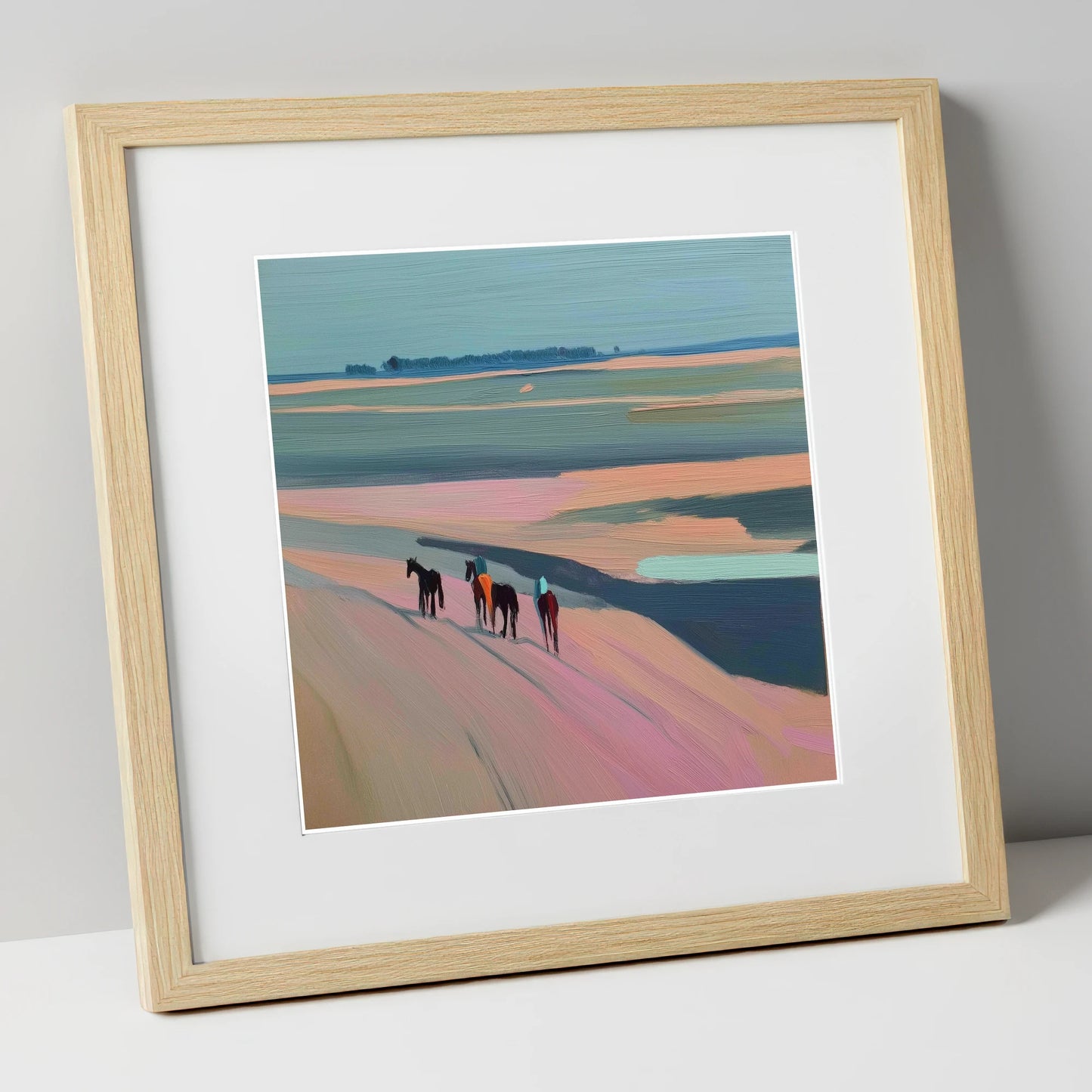 Dusty Rose Hack horse landscape art print in natural frame