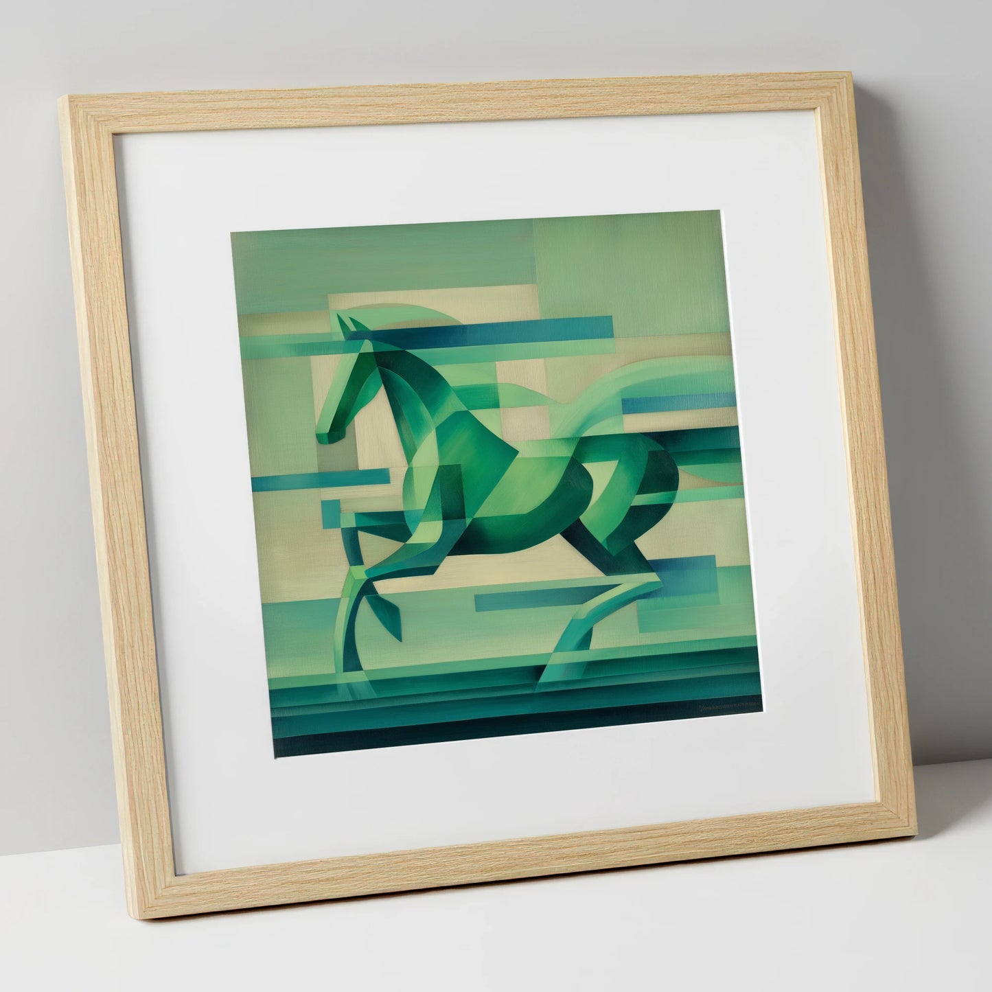 Abstract Emerald Canter horse portrait art print in natural frame