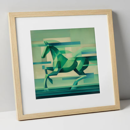 Abstract Emerald Canter horse portrait art print in natural frame