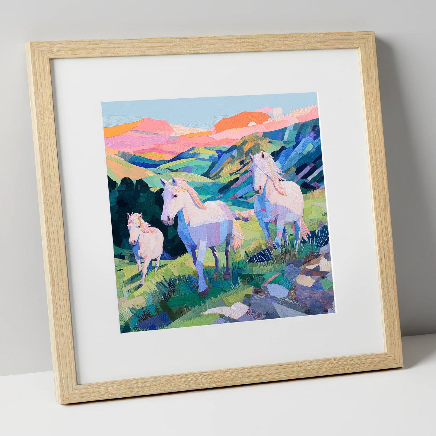 Vibrant Valley Herd horse landscape art print in natural frame