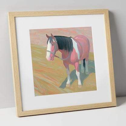 The Gentle Skewbald working horse art print in natural frame