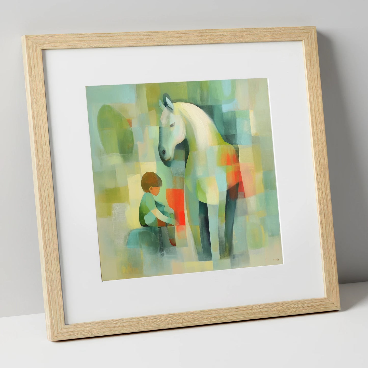 The Quiet Companion horse & rider art print in natural frame
