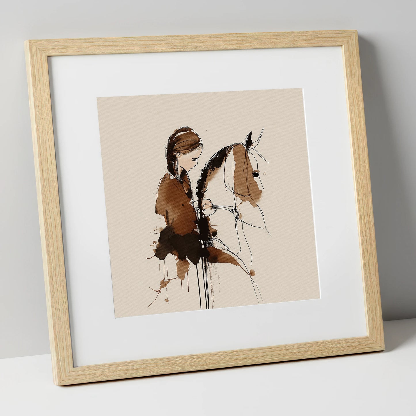 Quiet Bond horse & rider art print in natural frame
