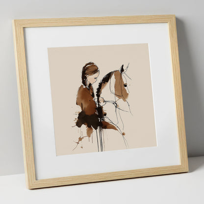Quiet Bond horse & rider art print in natural frame