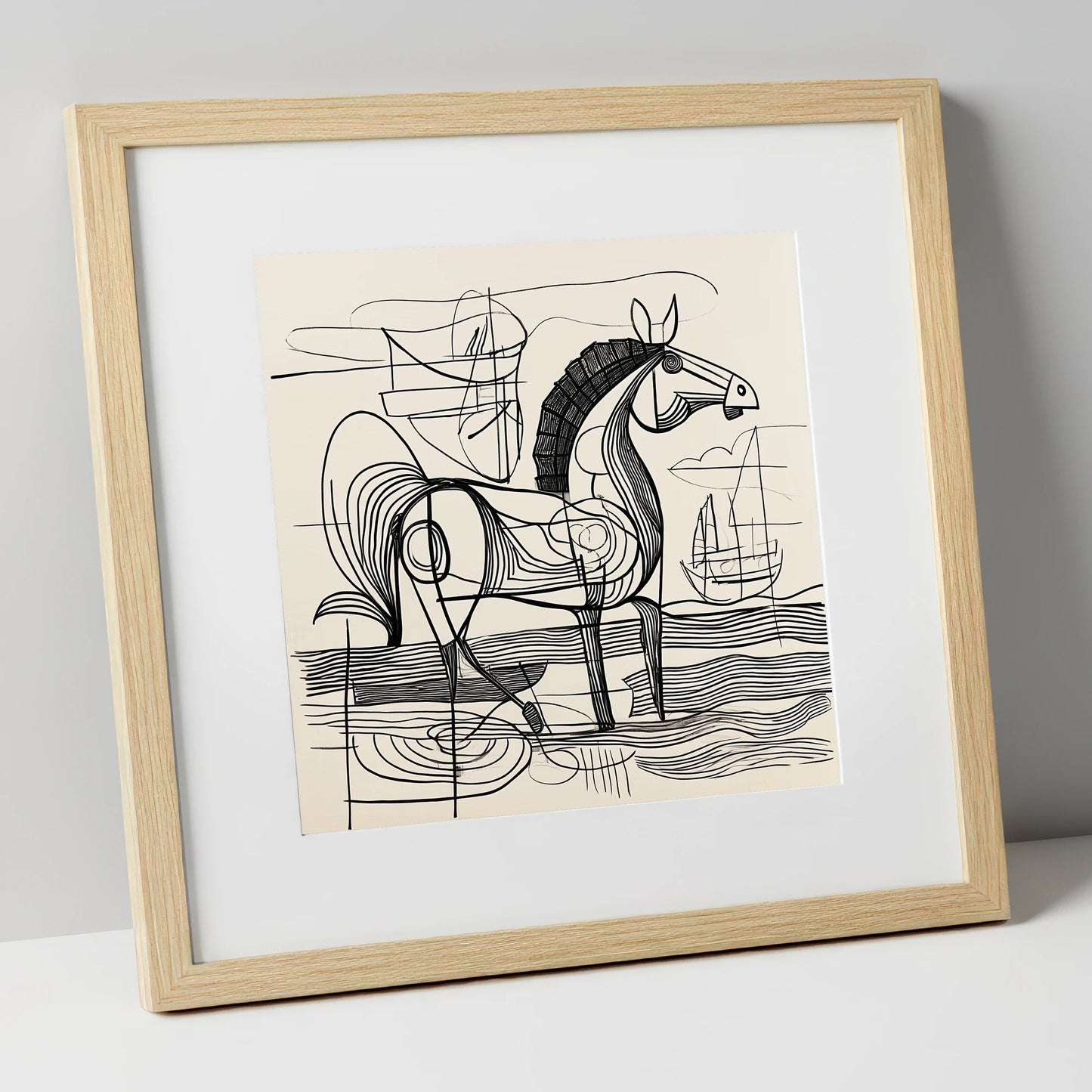 Abstract Coastal Equine beach horse art print in natural frame