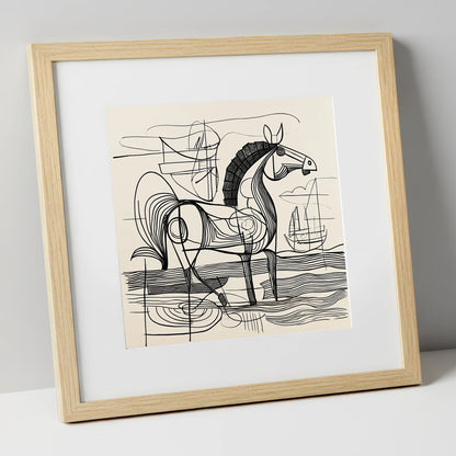 Abstract Coastal Equine beach horse art print in natural frame
