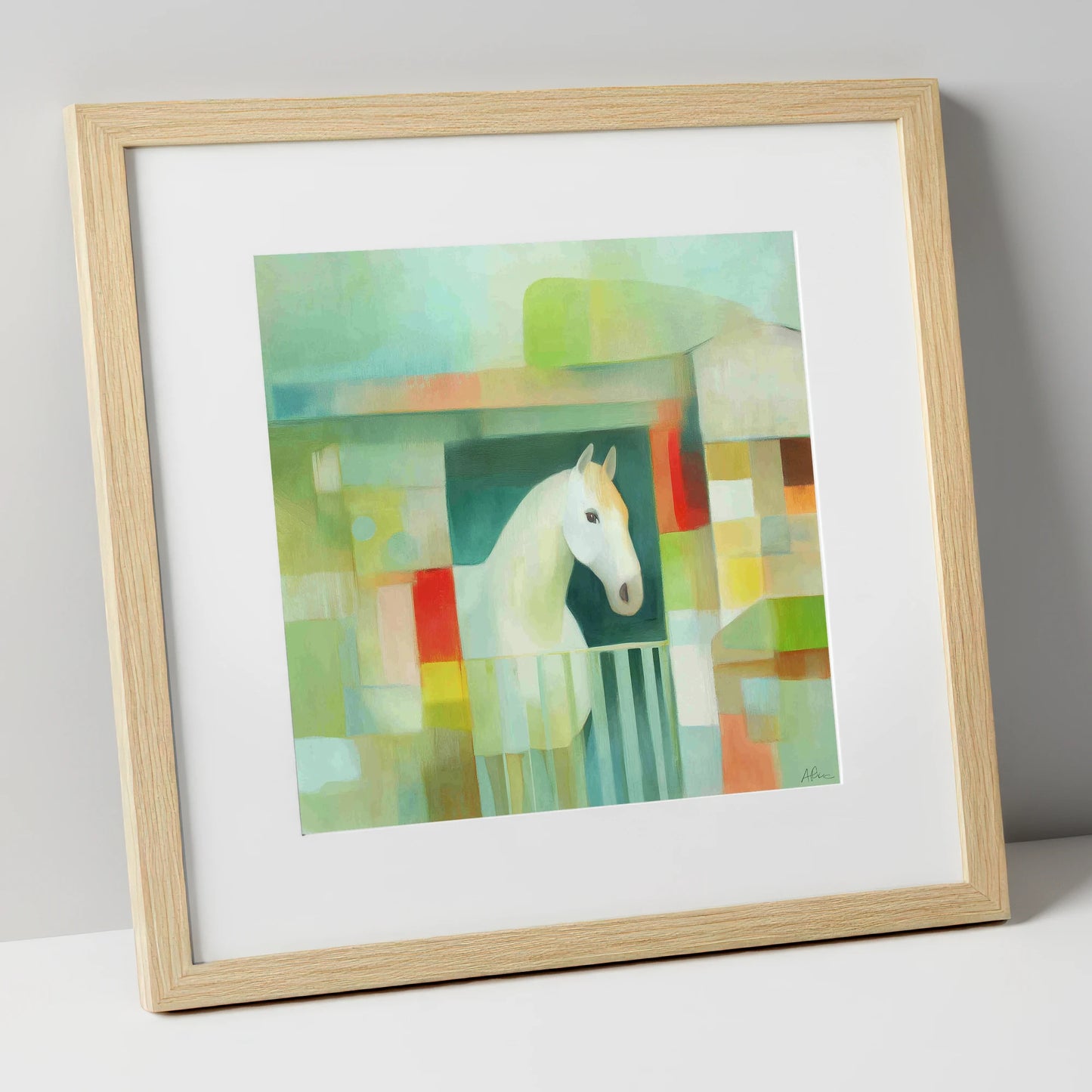 Geometric Stable Grey horse stable art print in natural frame