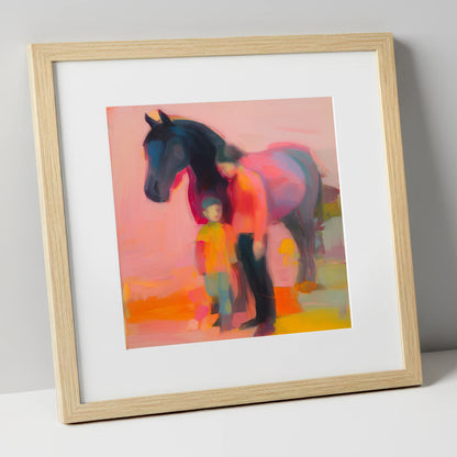 A Vibrant Bond horse & rider art print in natural frame