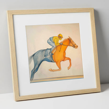 The Fluid Stride racing horse art print in natural frame