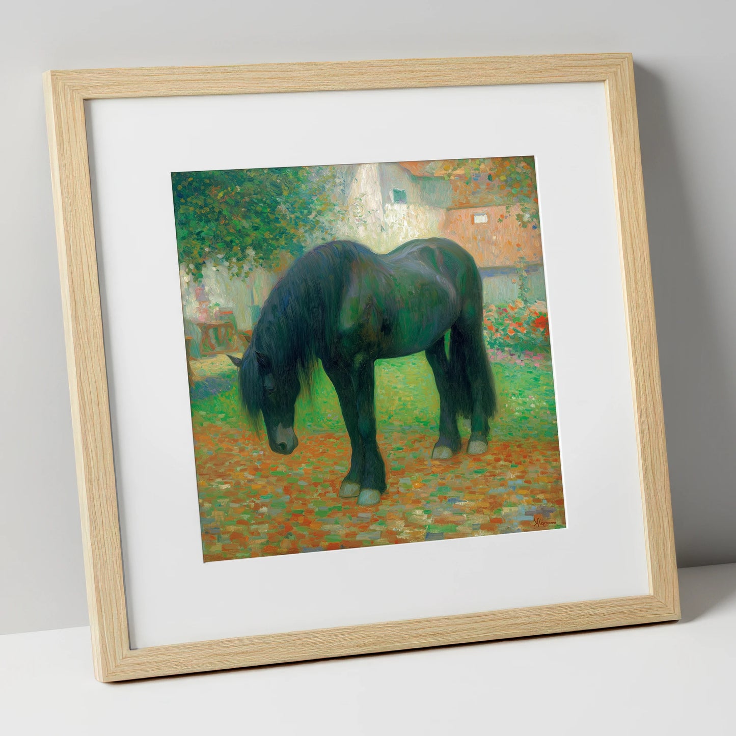The Sunlit Draught horse breed art print in natural frame