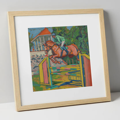 Clearing the Colours show jumping horse art print in natural frame