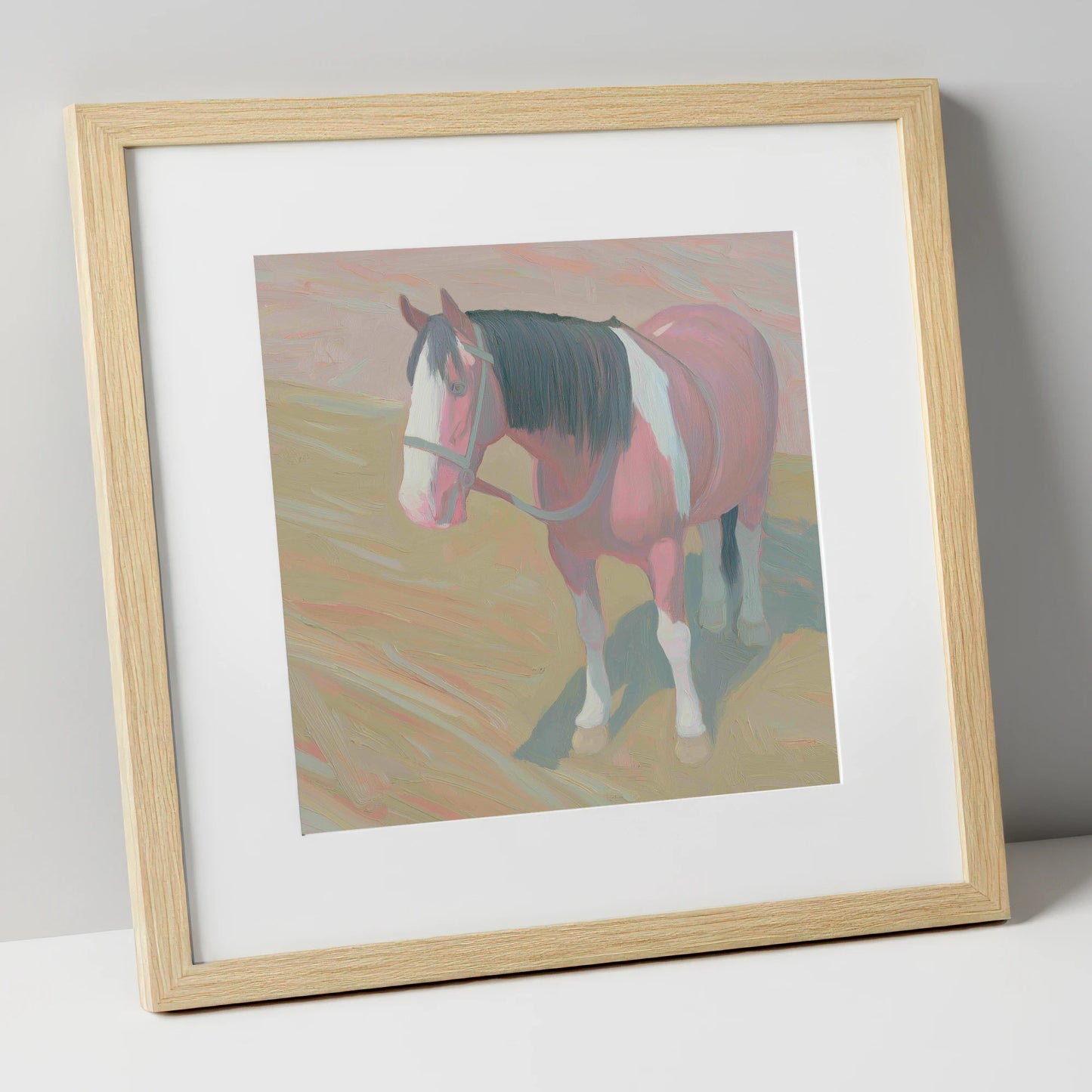 The Gentle Skewbald working horse art print in natural frame