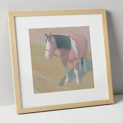 The Gentle Skewbald working horse art print in natural frame
