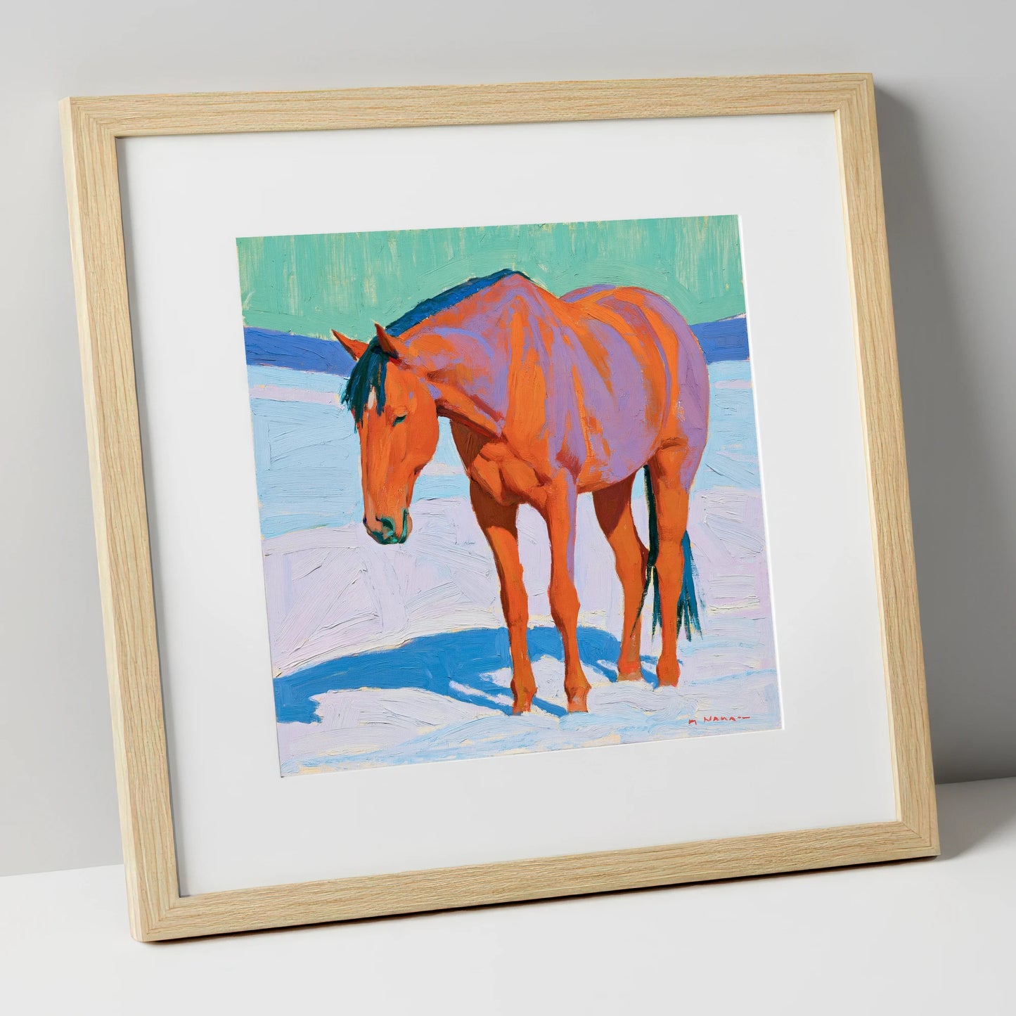 Vivid Chestnut Horse in Snow horse breed art print in natural frame