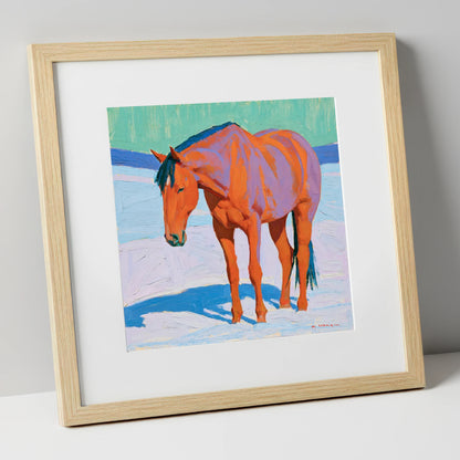 Vivid Chestnut Horse in Snow horse breed art print in natural frame
