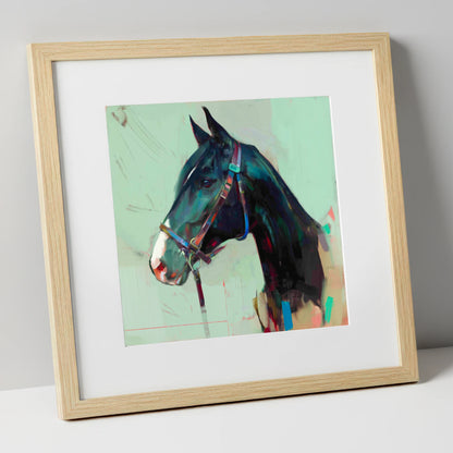 Midnight Profile in Teal horse portrait art print in natural frame