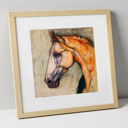 Sienna Wash Equine Study horse portrait art print in natural frame