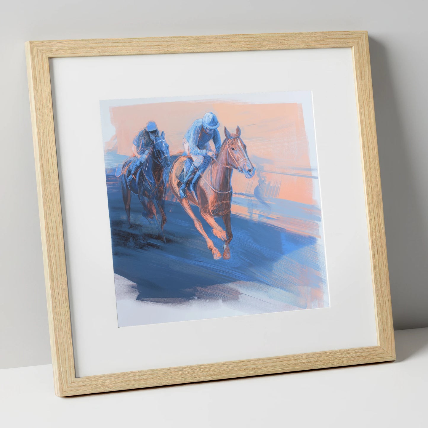 The Blue Furlong racing horse art print in natural frame