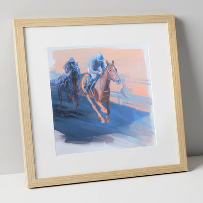 The Blue Furlong racing horse art print in natural frame