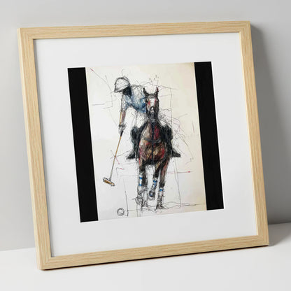 Full Gallop Focus polo horse art print in natural frame