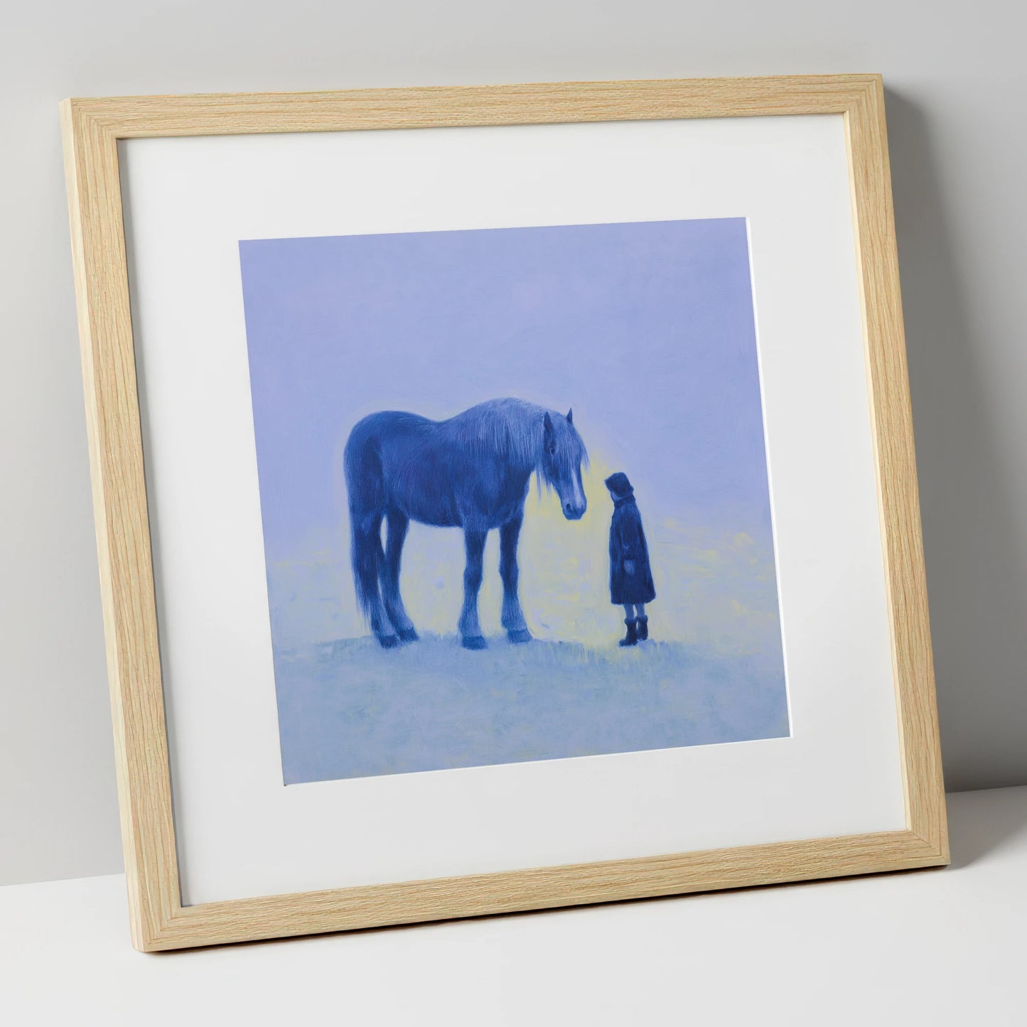 The Indigo Encounter horse & rider art print in natural frame
