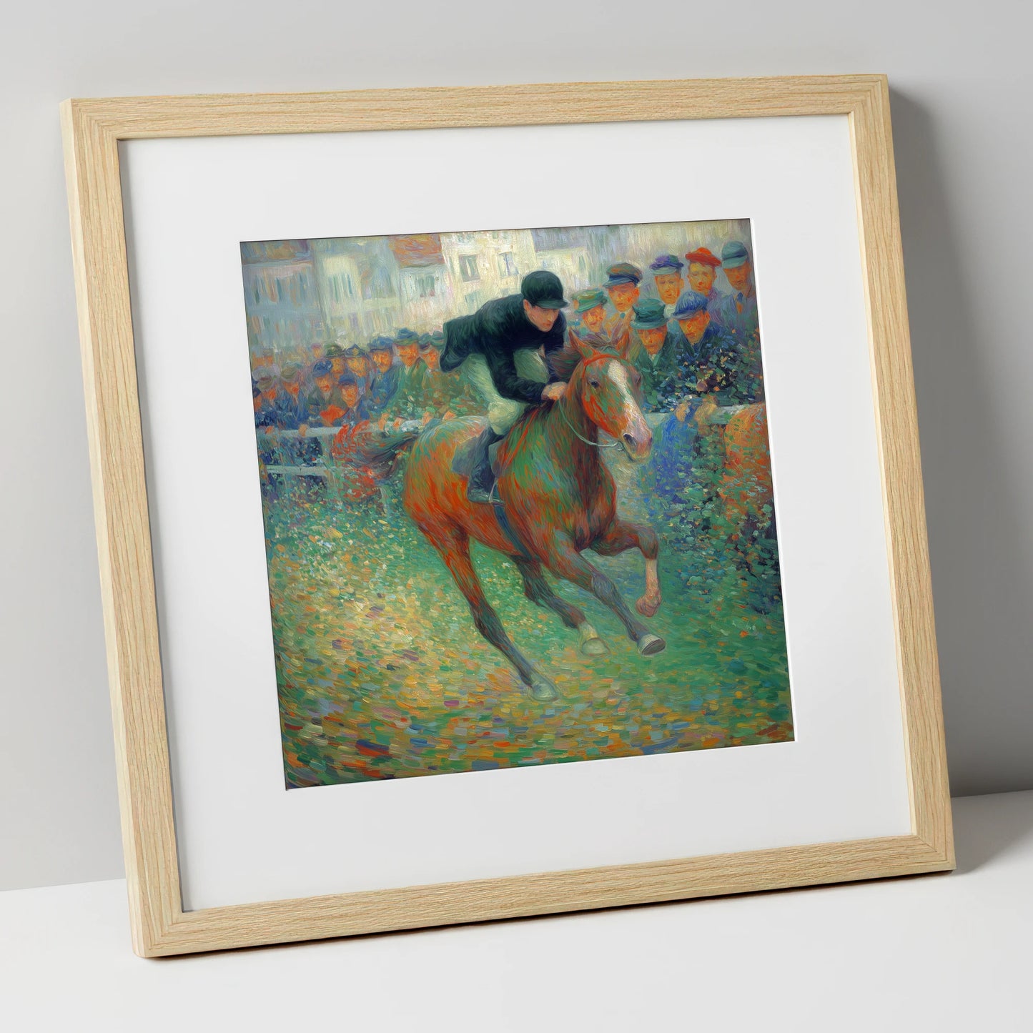 The Finishing Straight racing horse art print in natural frame