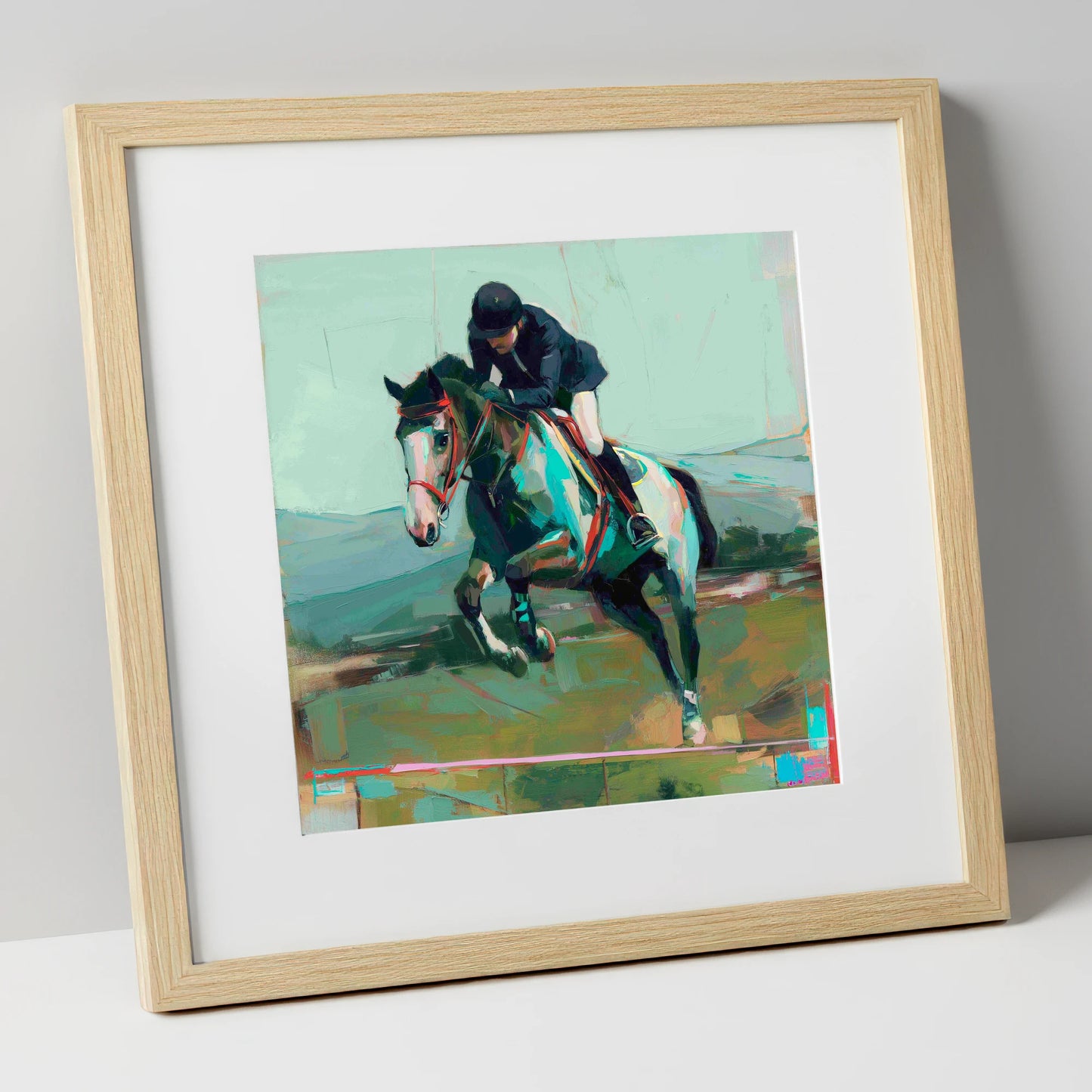 The Bold Clear show jumping horse art print in natural frame
