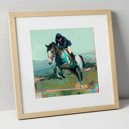 The Bold Clear show jumping horse art print in natural frame