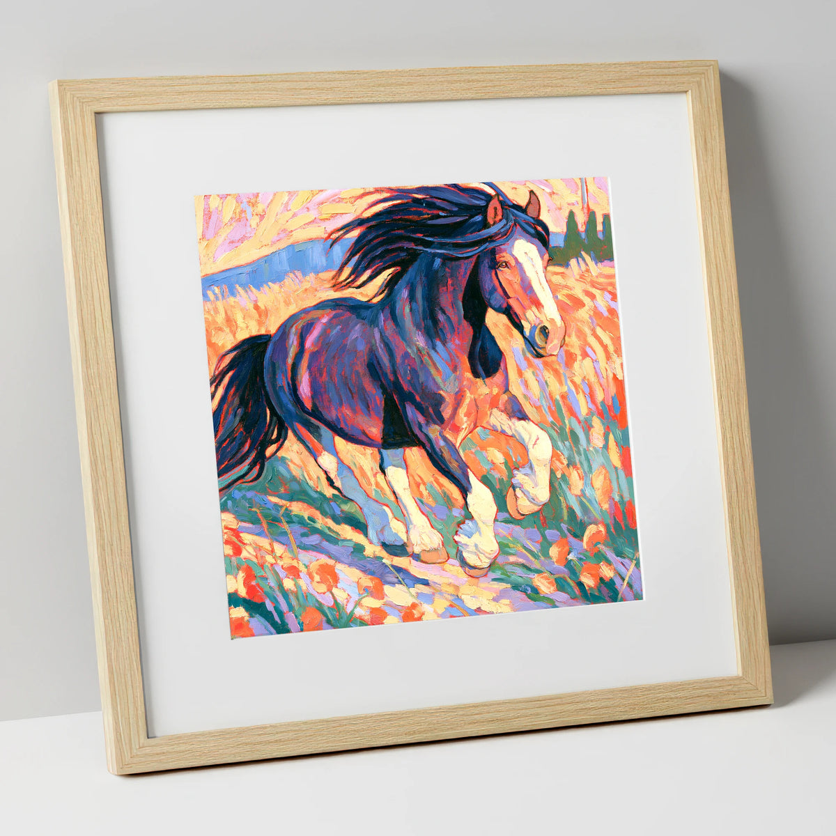 Colourful Cantering Heavy Horse horse breed art print in natural frame