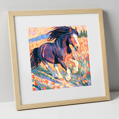 Colourful Cantering Heavy Horse horse breed art print in natural frame