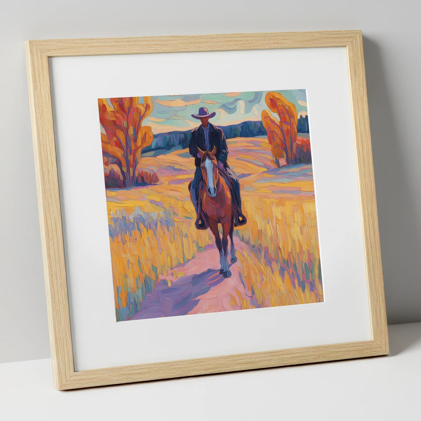 Vibrant Western Trail western horse art print in natural frame