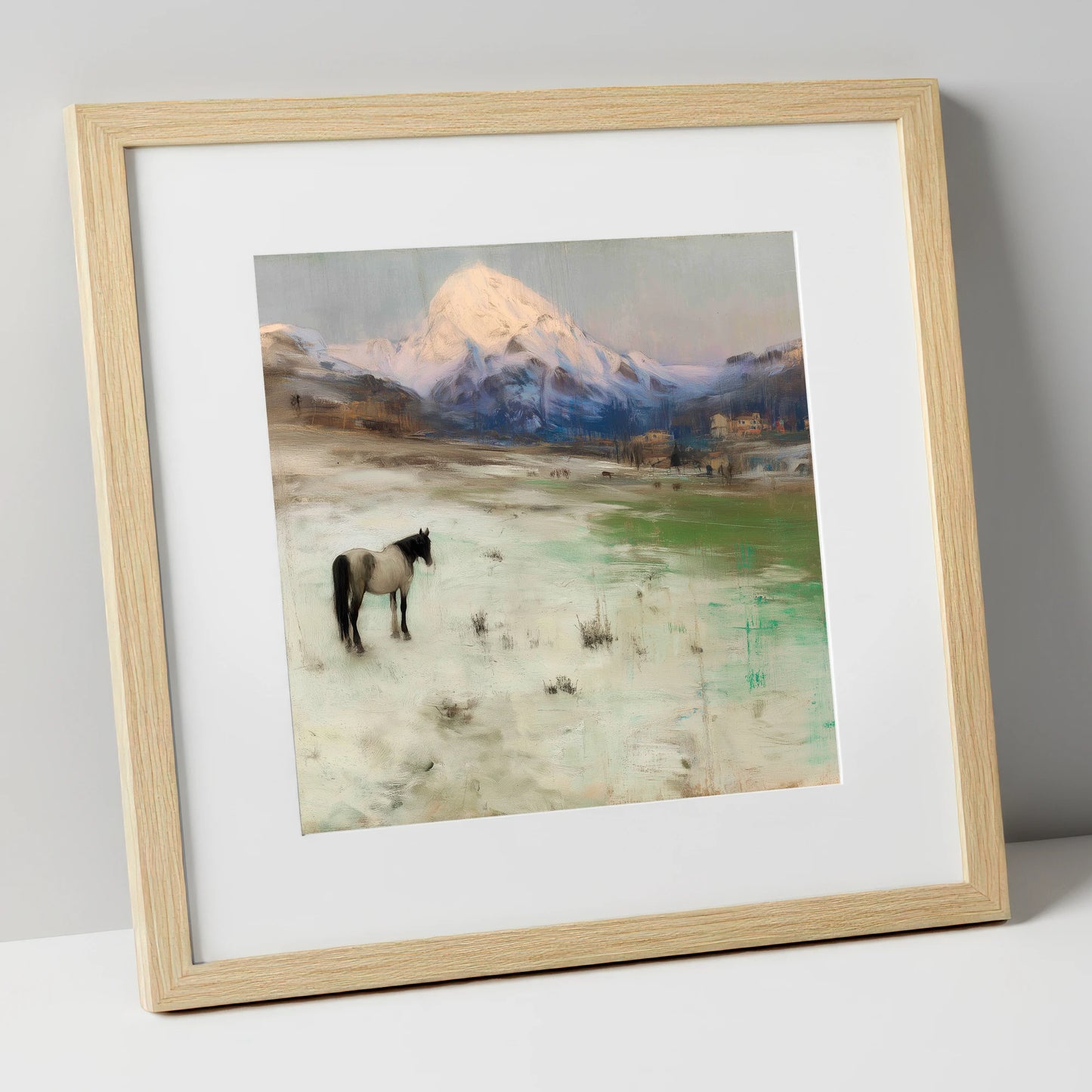Alpine Solitude horse landscape art print in natural frame