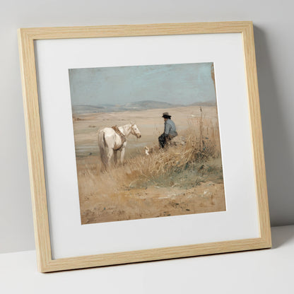 Vast Horizons horse & rider art print in natural frame