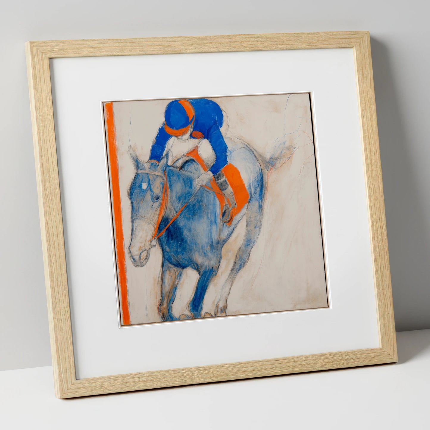 Ultramarine Gallop racing horse art print in natural frame