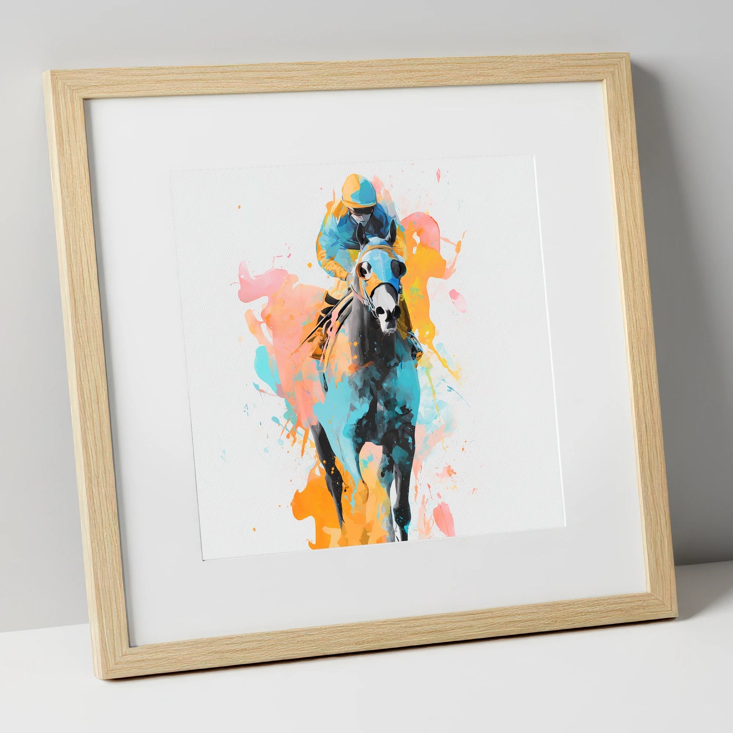 Vibrant Front Runner racing horse art print in natural frame