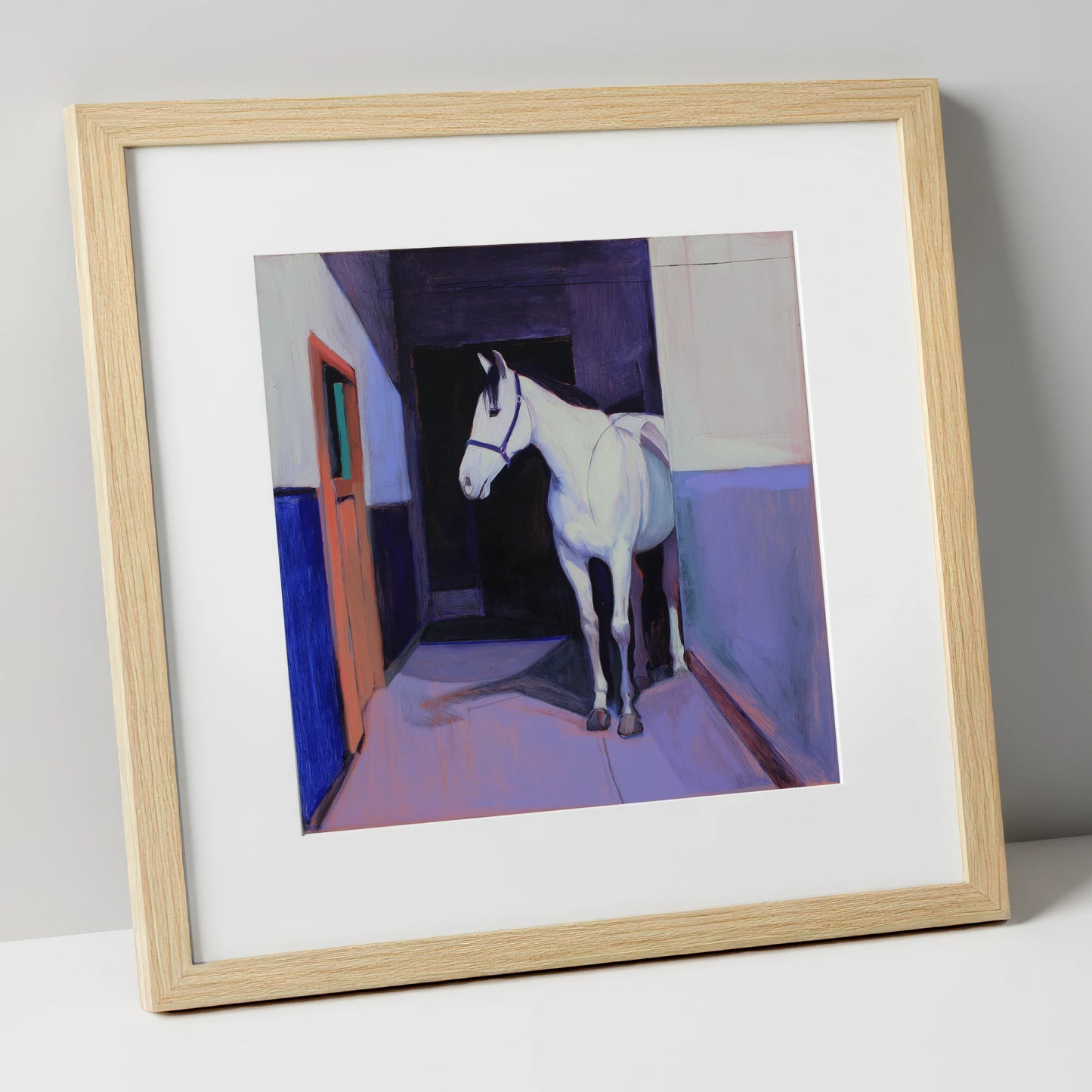 Twilight Stable Solitude horse stable art print in natural frame