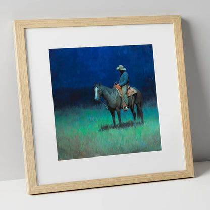 Indigo Silence western horse art print in natural frame