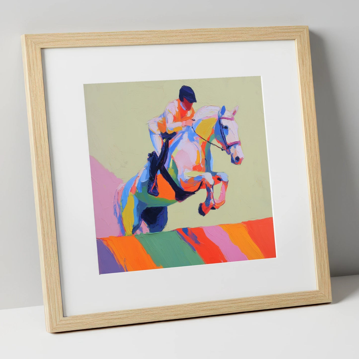 Technicolour Leap show jumping horse art print in natural frame