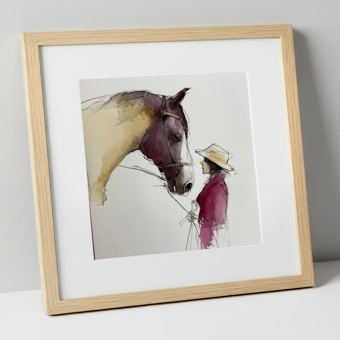The Silent Dialogue horse & rider art print in natural frame