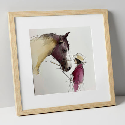 The Silent Dialogue horse & rider art print in natural frame