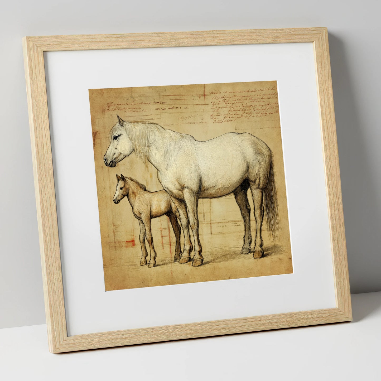 Heritage Mare and Foal Sketch mare & foal art print in natural frame